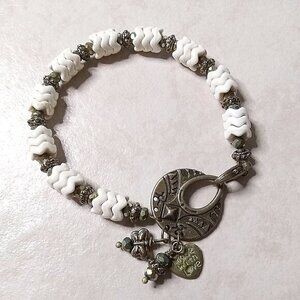 Beaded Chunky Charm Bracelet 4 Larger Wrists! Off-White + Bronze Fall Colors!